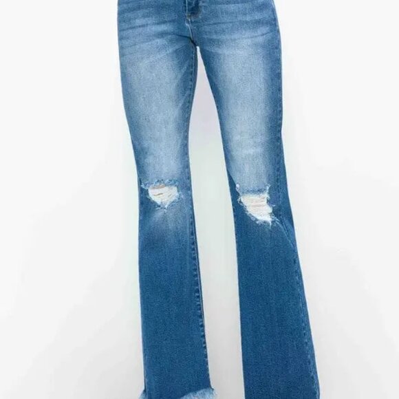 bytos Full Size Raw Hem Distressed High Rise Bootcut Jeans - Picture 1 of 3